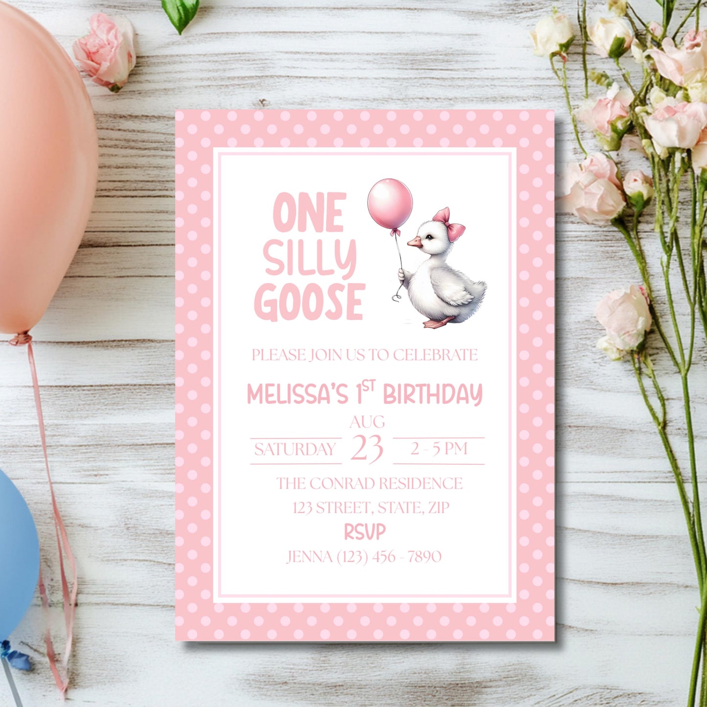 One Silly Goose Birthday Invitation 1st Birthday Party Invite Template Editable Pink Goose Invite Canva Digital Download Printable Invite