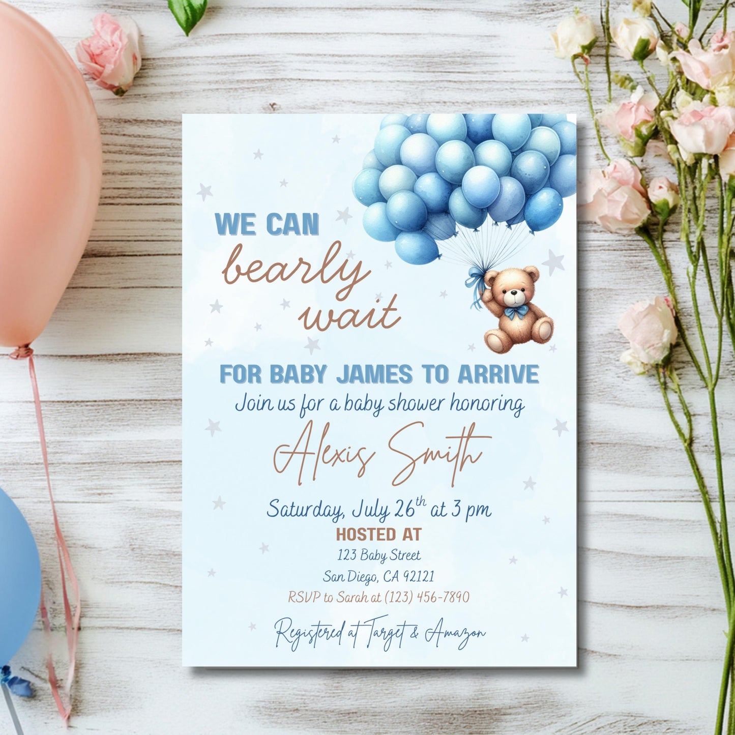 We Can Bearly Wait Baby Shower Invitation Boy Blue Teddy Bear Invite Template Editable Canva Baby Shower Instant Download Printable Invite