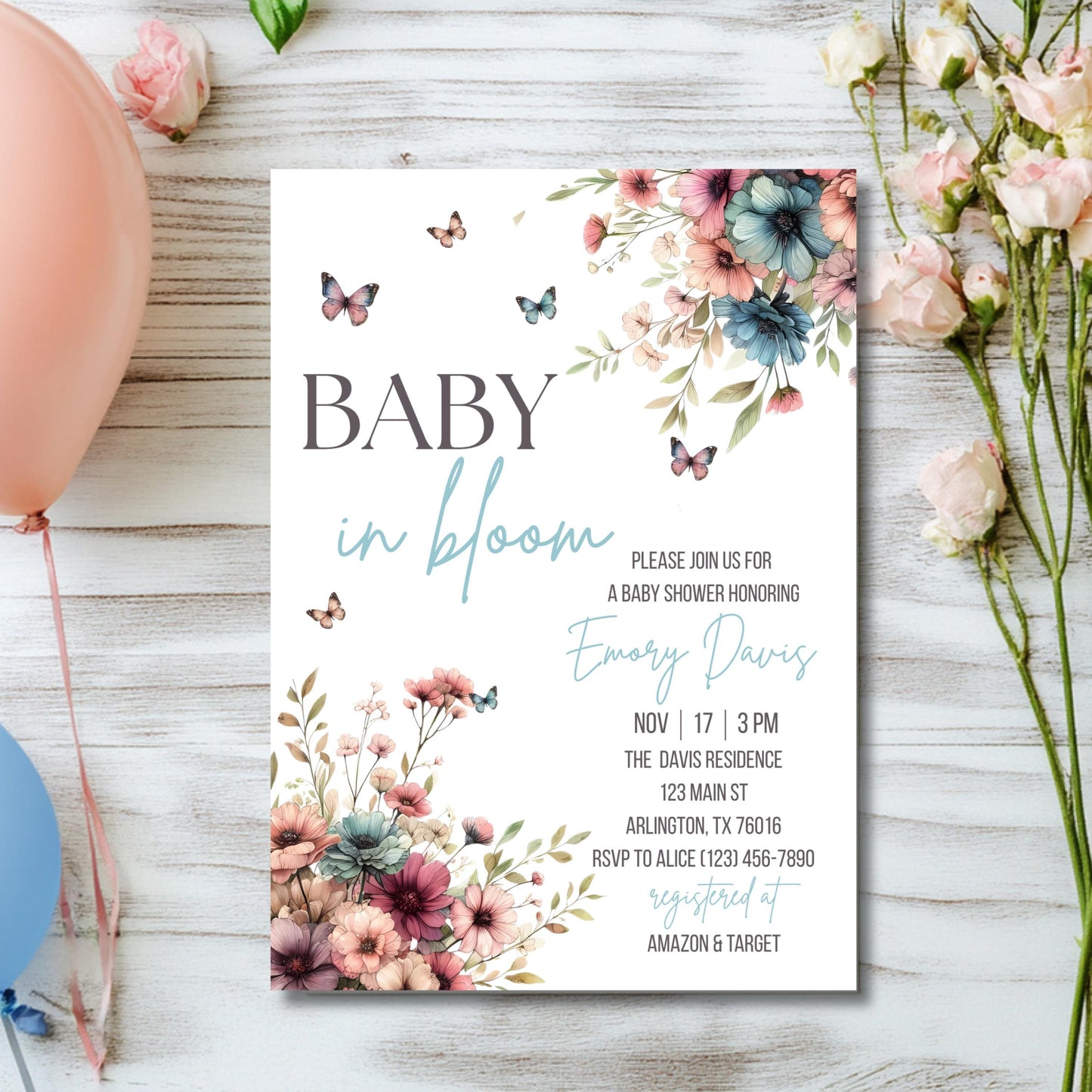 Baby in Bloom Baby Shower Invitation Floral Baby Shower Invite Blue Baby Shower Invite Canva Template Printable Invitation Gender Neutral