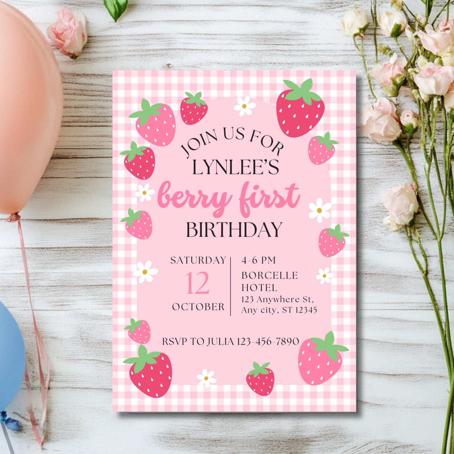 Berry First Birthday Invitation Strawberry 1st Birthday Party Invite Editable Girl Birthday Template Instant Download |Sweet One Theme