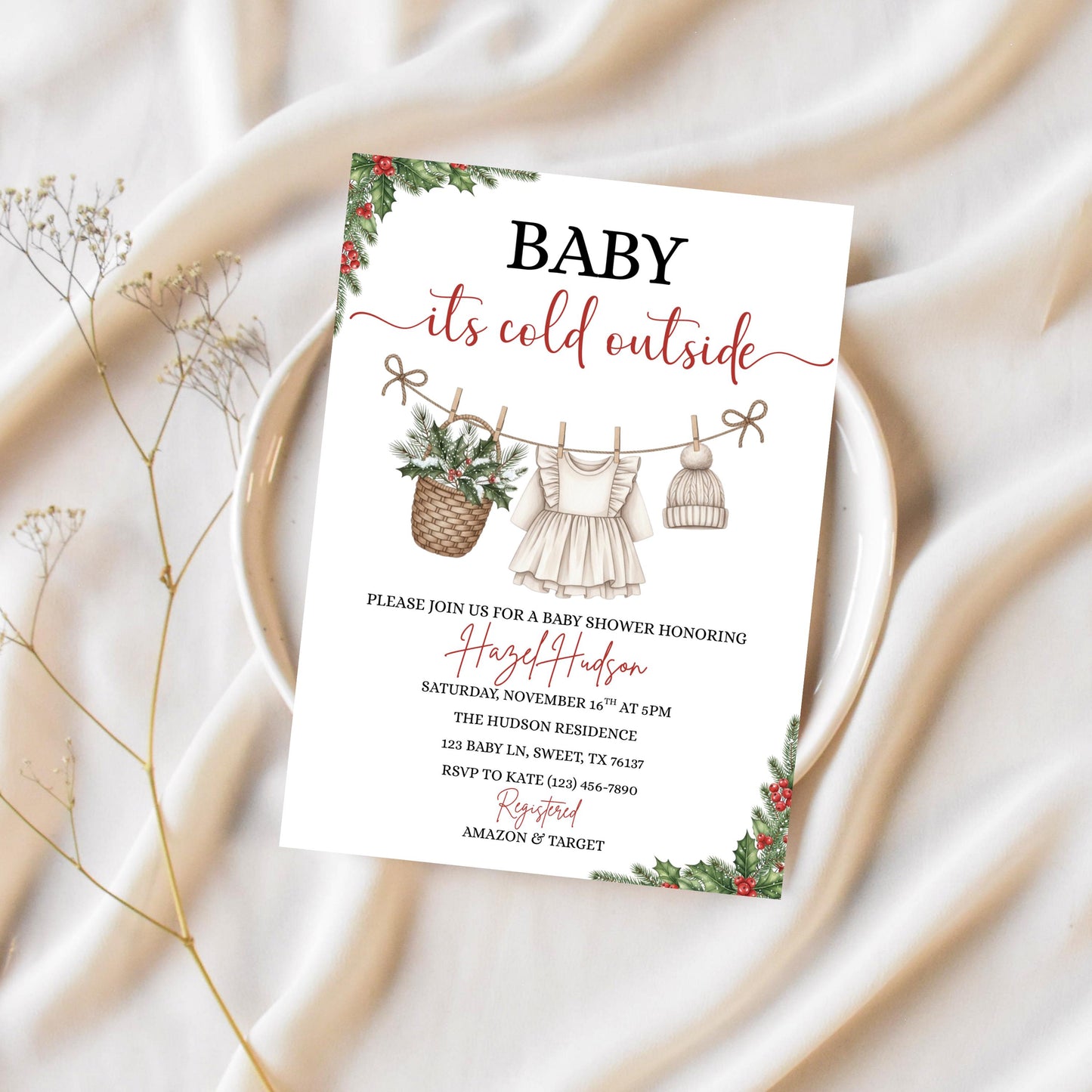 Winter Baby Shower Invitation Template, Baby it's Cold Outside Invite, Clothesline Baby Shower, Instant Download, Girl Christmas Baby Shower