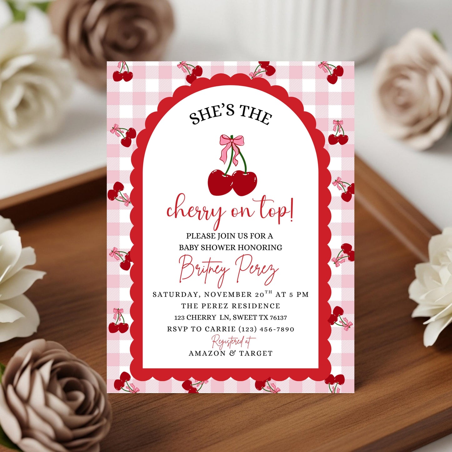 Cherry Baby Shower Invitation Template, Editable Cherry on Top Baby Shower Invitation, Printable Pink Baby Shower Invites Girl Baby Shower