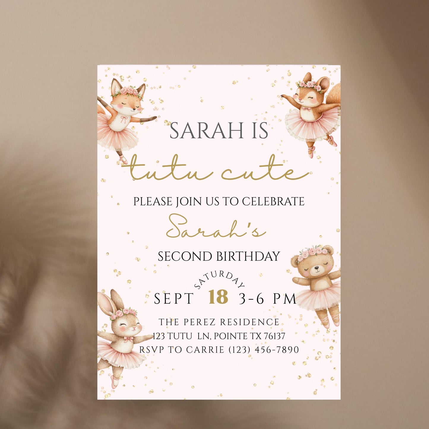 Tutu Cute Birthday Invitation Ballerina 2nd Birthday Invite Two Cute Invite Second Birthday Invitation Girl Ballet Woodland Birthday Invite