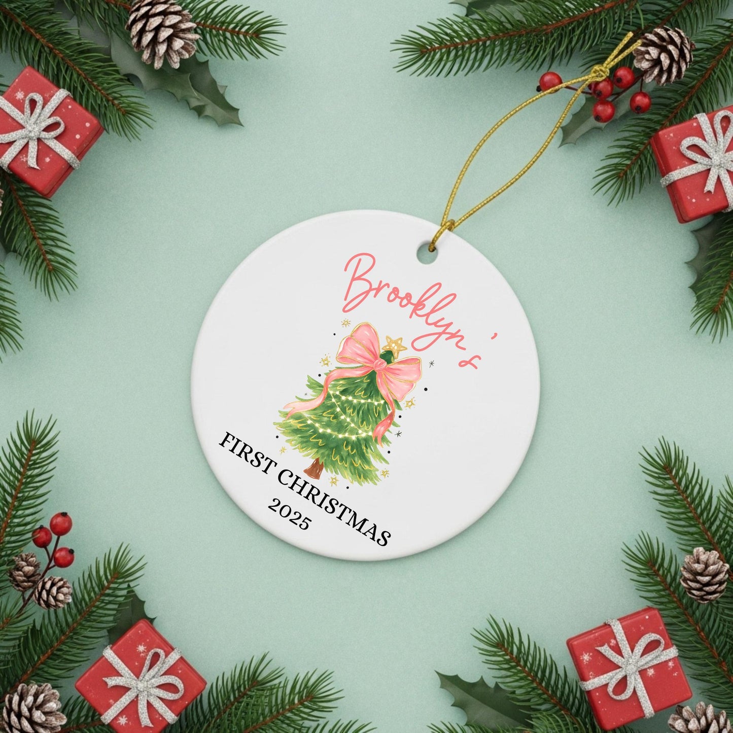 Baby First Christmas Ornament 2025 Personalized First Christmas Ornament Baby Girl Name Baby Shower Gift Baby Family Keepsake Pink Bow