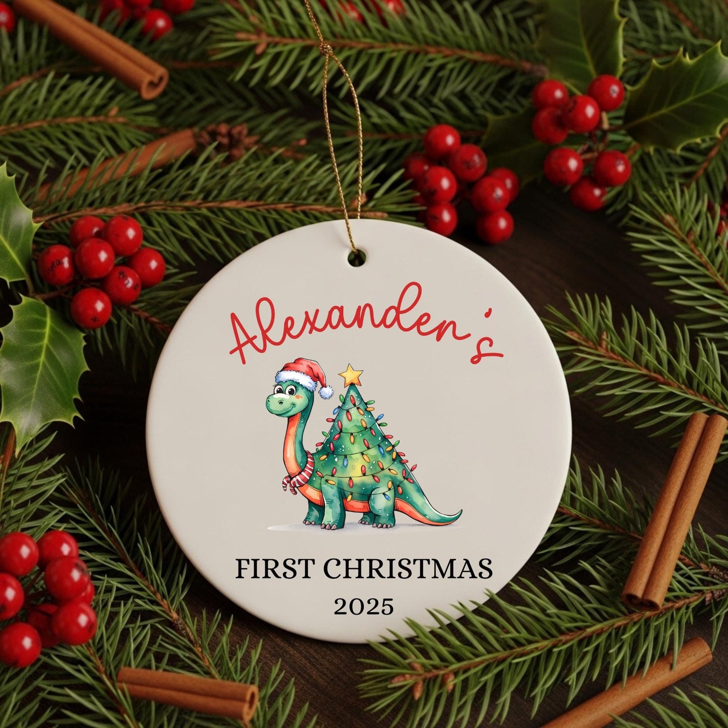 Baby First Christmas Ornament 2025, Personalized First Christmas Ornament Baby Boy Name, Baby Shower Gift, Baby Keepsake, Dinosaur Ornament