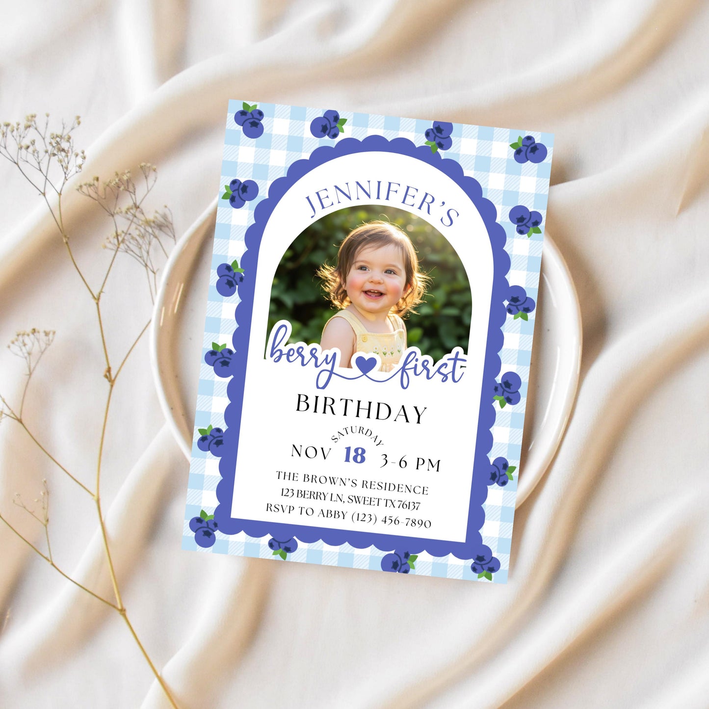 Berry First Birthday Invitation Editable Photo 1st Birthday Party Invitation Printable Blueberry Birthday Invite Girls 1st Birthday Template