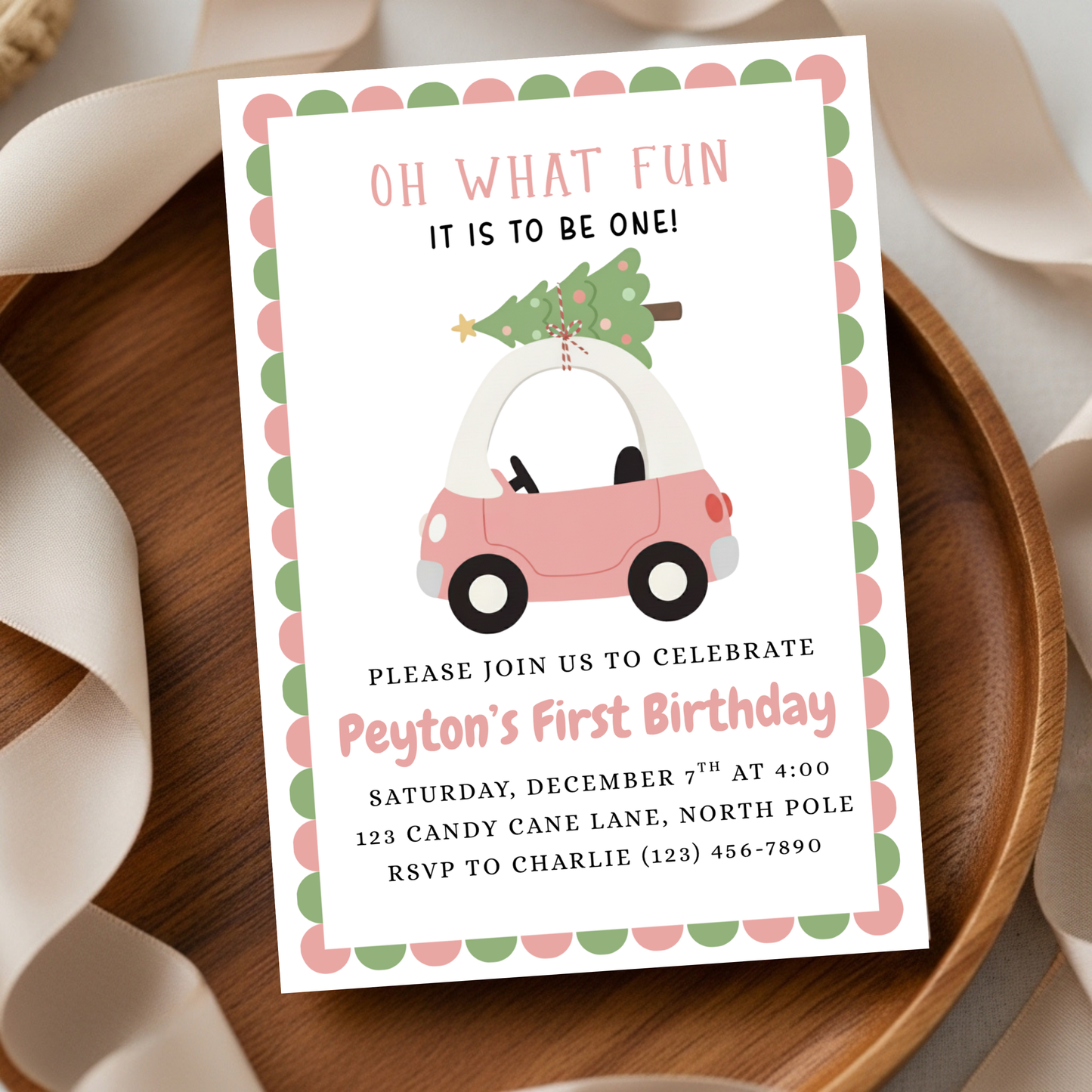 Oh What Fun Birthday Invitation Christmas Pink First Birthday Invite Toy Car 1st Birthday Party Invite