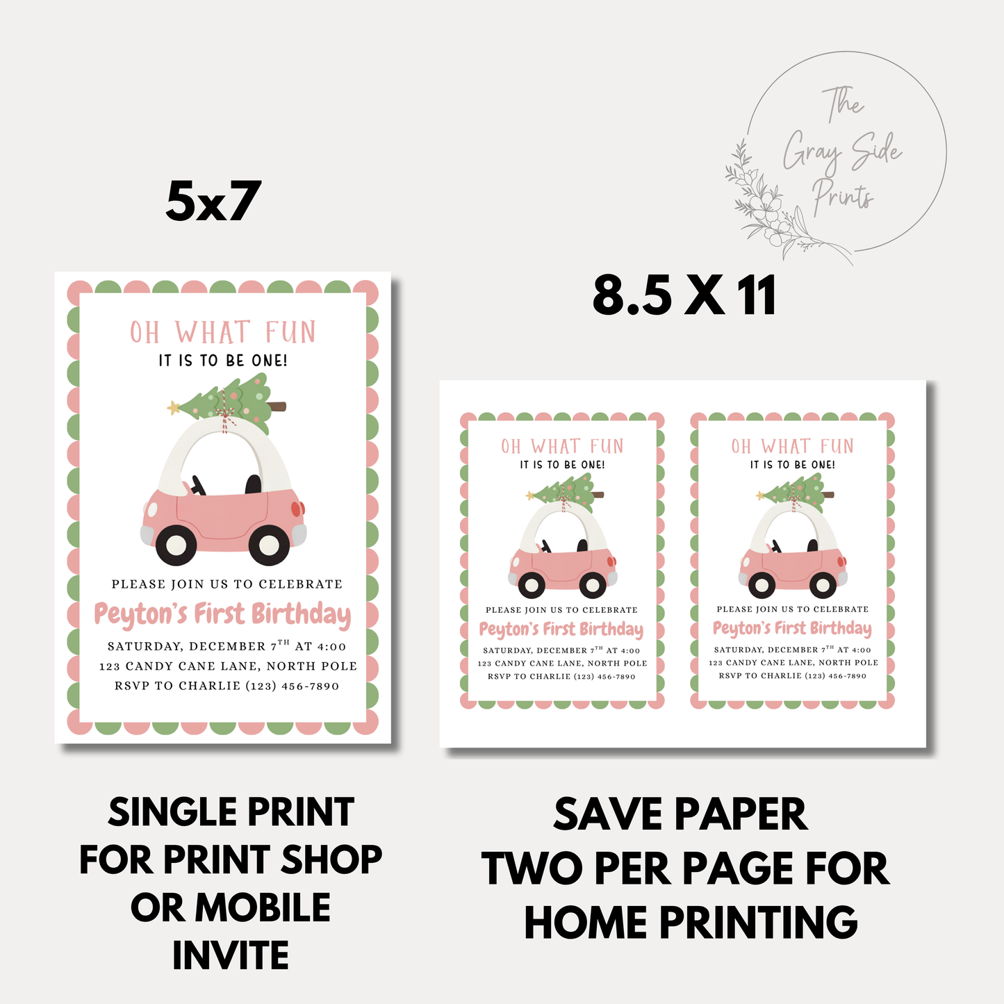 Oh What Fun Birthday Invitation Christmas Pink First Birthday Invite Toy Car 1st Birthday Party Invite