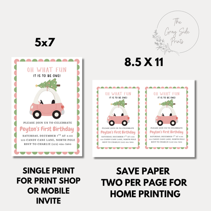 Oh What Fun Birthday Invitation Christmas Pink First Birthday Invite Toy Car 1st Birthday Party Invite
