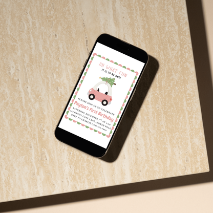 Oh What Fun Birthday Invitation Christmas Pink First Birthday Invite Toy Car 1st Birthday Party Invite