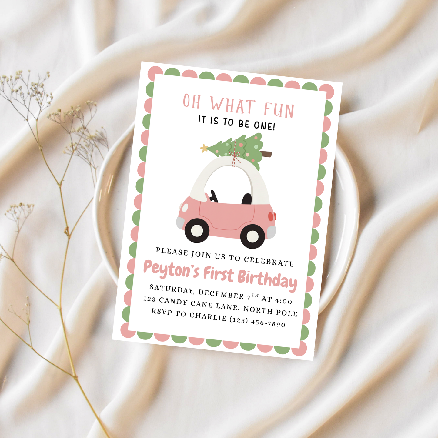 Oh What Fun Birthday Invitation Christmas Pink First Birthday Invite Toy Car 1st Birthday Party Invite