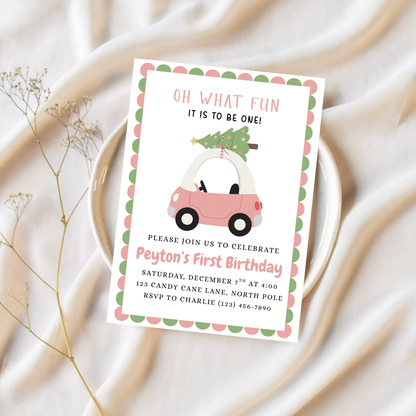 Oh What Fun Birthday Invitation Christmas Pink First Birthday Invite Toy Car 1st Birthday Party Invite