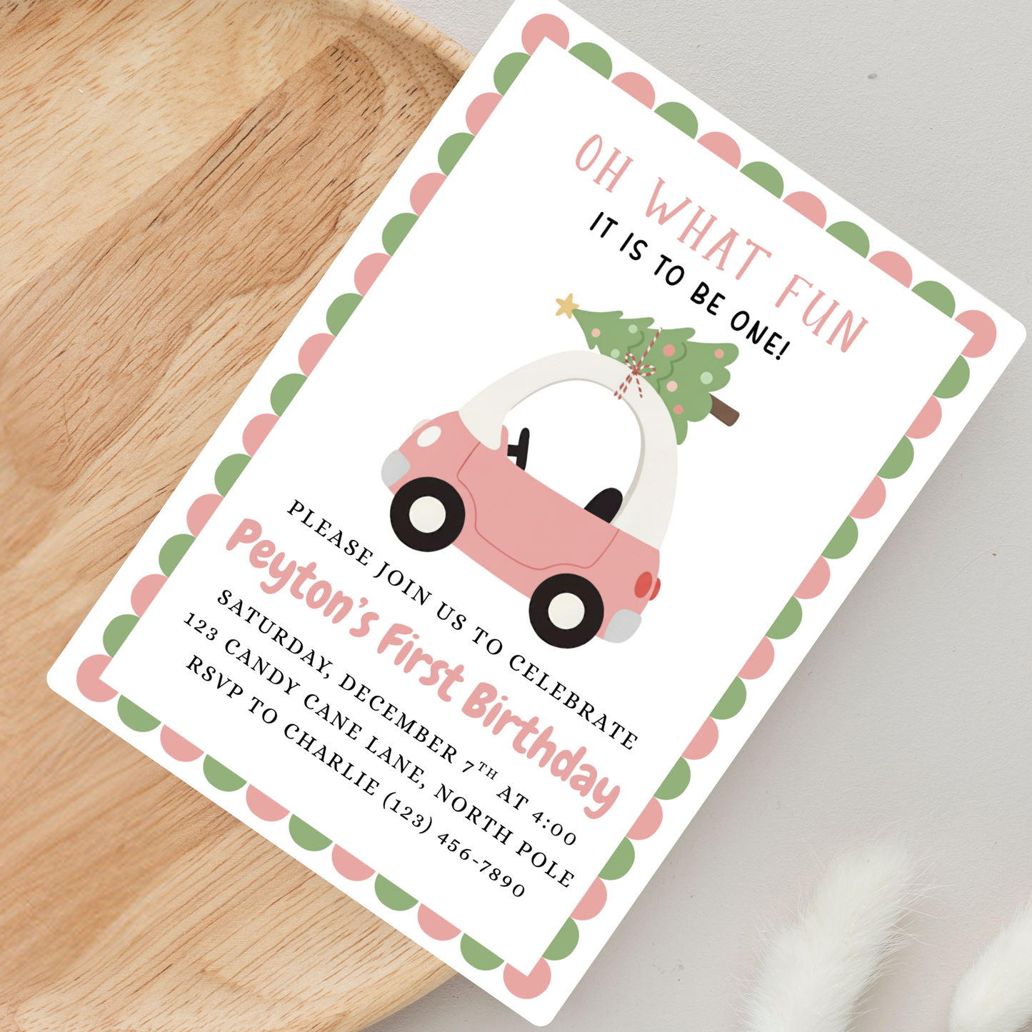 Oh What Fun Birthday Invitation Christmas Pink First Birthday Invite Toy Car 1st Birthday Party Invite