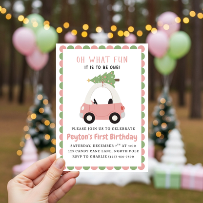 Oh What Fun Birthday Invitation Christmas Pink First Birthday Invite Toy Car 1st Birthday Party Invite