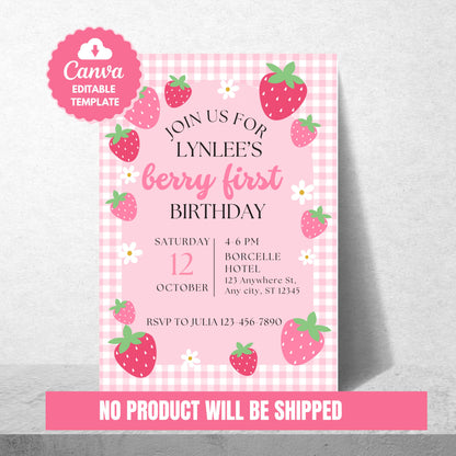 Berry First Birthday Invitation Strawberry 1st Birthday Party Invite Editable Girl Birthday Template Instant Download Sweet One Theme