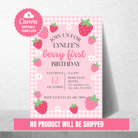 Berry First Birthday Invitation Strawberry 1st Birthday Party Invite Editable Girl Birthday Template Instant Download Sweet One Theme