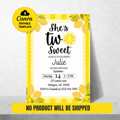 Two Sweet Lemon Birthday Invitation 2nd Birthday Party Invite for Girl Editable Citrus Theme Template Instant Download Lemonade Party