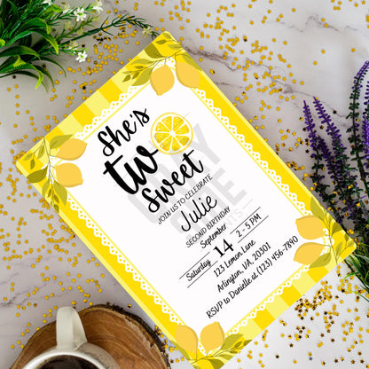 Two Sweet Lemon Birthday Invitation 2nd Birthday Party Invite for Girl Editable Citrus Theme Template Instant Download Lemonade Party