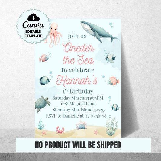 Oneder the Sea Invitation 1st Birthday Invite Under The Sea Invite First Birthday Ocean Birthday Invite Canva Template Gender Neutral Invite