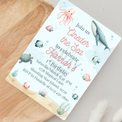 Oneder the Sea Birthday Invitation Ocean Birthday Party Invitation  Printable Ocean Animals 1st Birthday Invite Editable Template