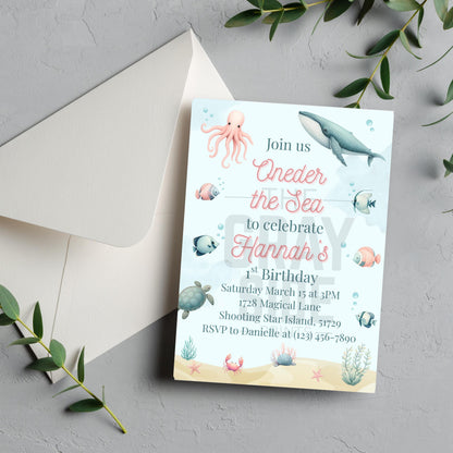Oneder the Sea Birthday Invitation Ocean Birthday Party Invitation  Printable Ocean Animals 1st Birthday Invite Editable Template