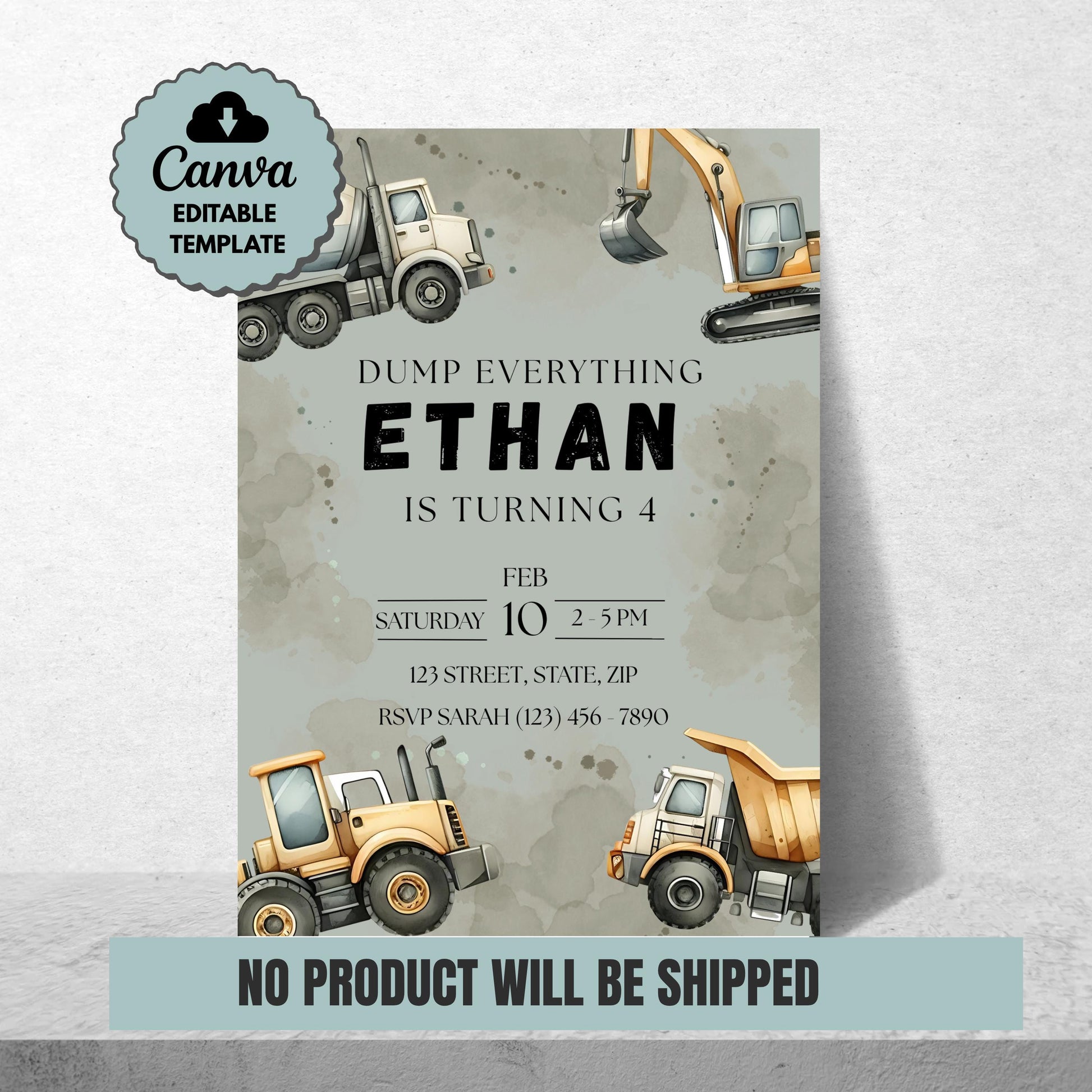 Dump Everything Birthday Invitation Construction Truck Party Invite Editable Template with Dump Trucks & Diggers Instant Download Invitation