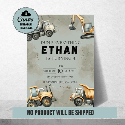 Dump Everything Birthday Invitation Construction Truck Party Invite Editable Template with Dump Trucks & Diggers Instant Download Invitation