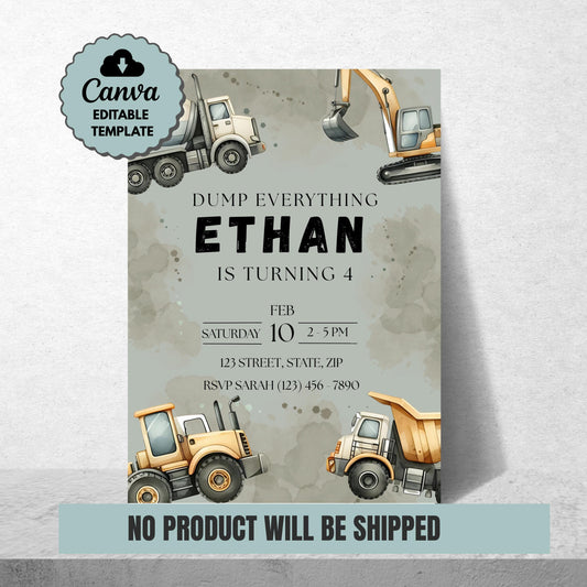 Dump Everything Birthday Invitation Construction Truck Party Invite Editable Template with Dump Trucks & Diggers Instant Download Invitation