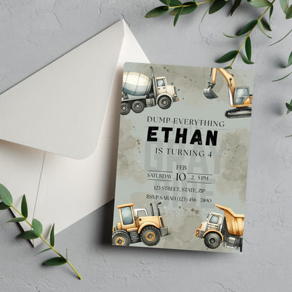 Dump Everything Birthday Invitation Construction Truck Party Invite Editable Template with Dump Trucks & Diggers Instant Download Invitation