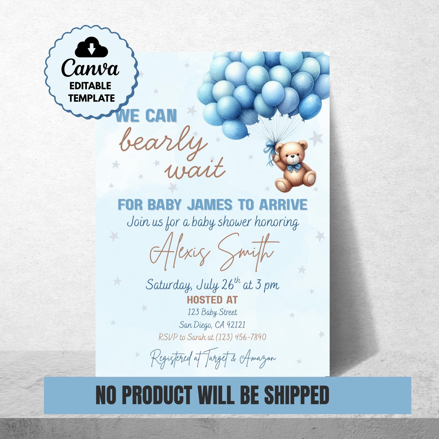 We Can Bearly Wait Baby Shower Invitation Boy Blue Teddy Bear Invite Template  Editable Canva Baby Shower Instant Download Printable Invite