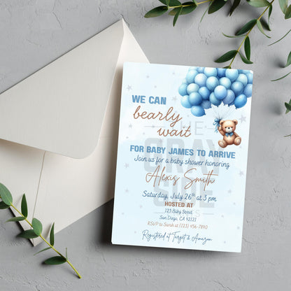 We Can Bearly Wait Baby Shower Invitation Boy Blue Teddy Bear Invite Template  Editable Canva Baby Shower Instant Download Printable Invite