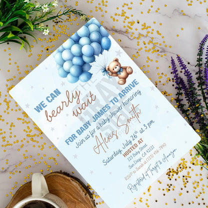 We Can Bearly Wait Baby Shower Invitation Boy Blue Teddy Bear Invite Template  Editable Canva Baby Shower Instant Download Printable Invite