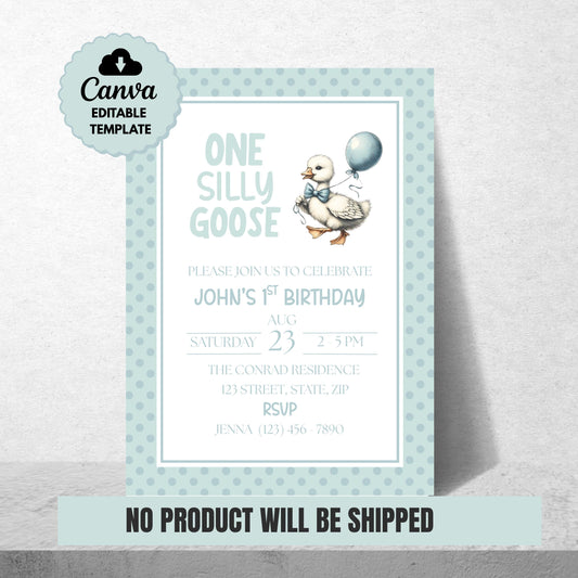 One Silly Goose Birthday Invitation 1st Birthday Party Invite Template Editable Blue Goose Invite Canva Digital Download Printable Invite