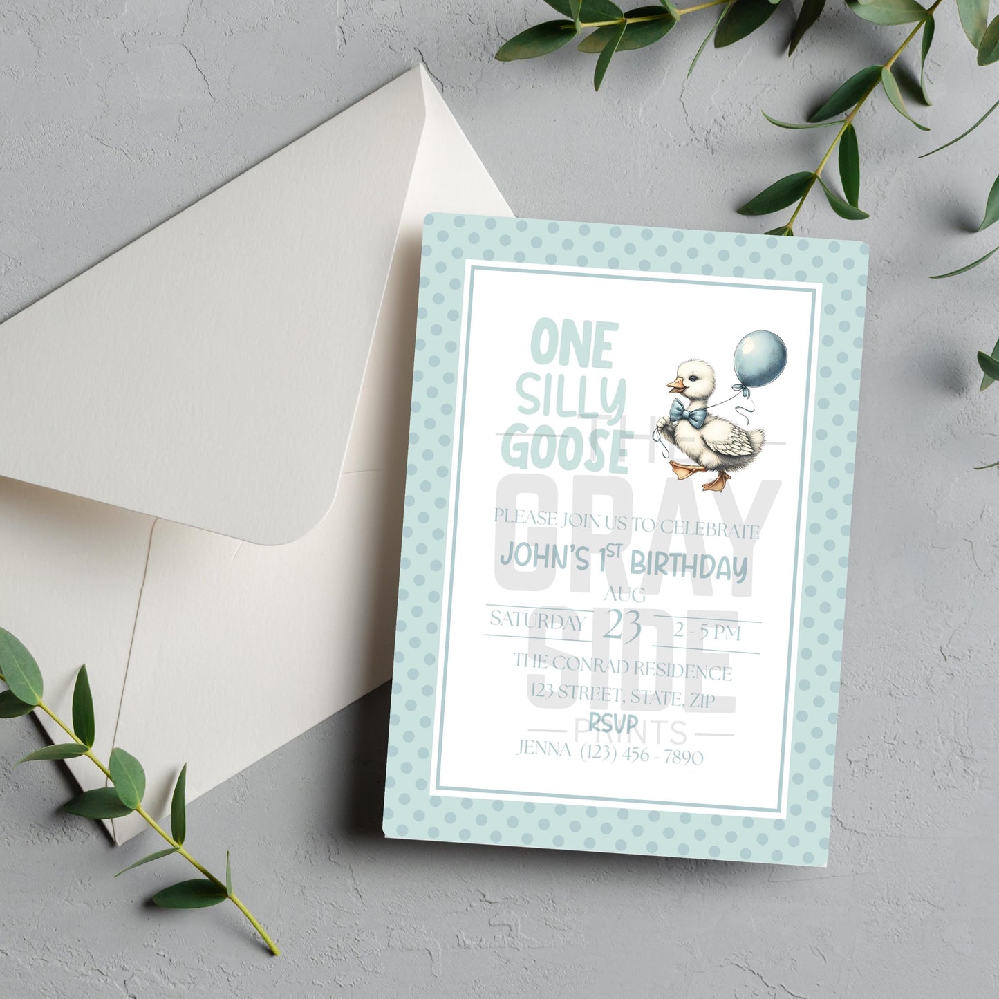 One Silly Goose Birthday Invitation 1st Birthday Party Invite Template Editable Blue Goose Invite Canva Digital Download Printable Invite