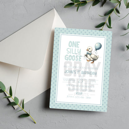 One Silly Goose Birthday Invitation 1st Birthday Party Invite Template Editable Blue Goose Invite Canva Digital Download Printable Invite