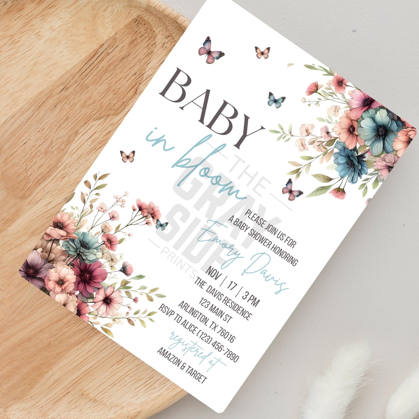 Baby in Bloom Baby Shower Invitation Floral Baby Shower Invite Blue Baby Shower Invite Canva Template Printable Invitation  Gender Neutral
