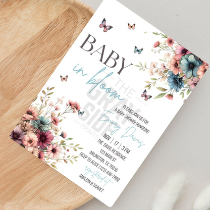 Baby in Bloom Baby Shower Invitation Floral Baby Shower Invite Blue Baby Shower Invite Canva Template Printable Invitation  Gender Neutral