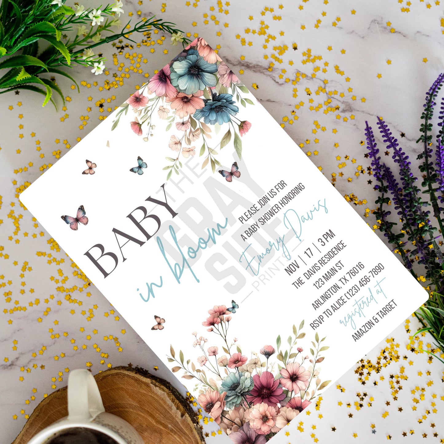 Baby in Bloom Baby Shower Invitation Floral Baby Shower Invite Blue Baby Shower Invite Canva Template Printable Invitation  Gender Neutral