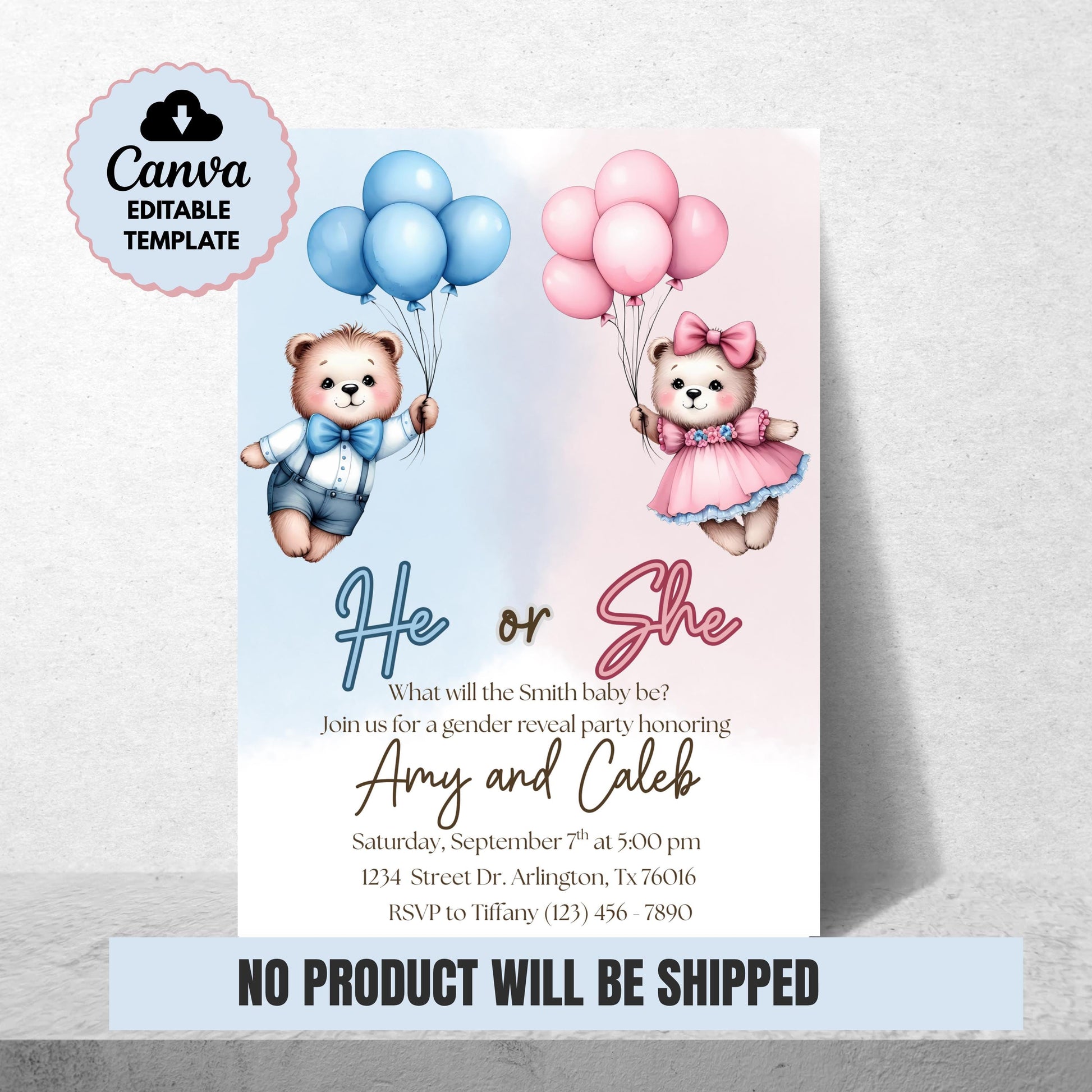 Bear Gender Reveal Invitation Boy or Girl Invite Editable Template Cute Teddy Bear Party Instant Download Printable Invite Gender Reveal
