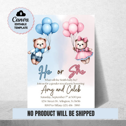 Bear Gender Reveal Invitation Boy or Girl Invite Editable Template Cute Teddy Bear Party Instant Download Printable Invite Gender Reveal