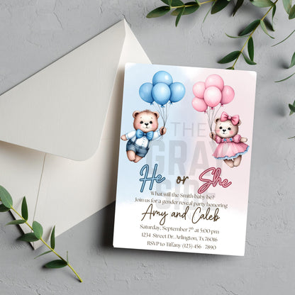 Bear Gender Reveal Invitation Boy or Girl Invite Editable Template Cute Teddy Bear Party Instant Download Printable Invite Gender Reveal