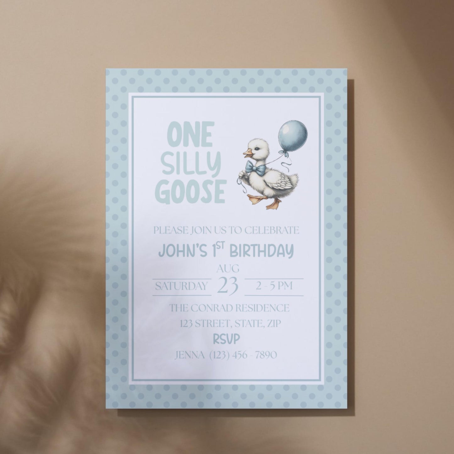 One Silly Goose Birthday Invitation 1st Birthday Party Invite Template Editable Blue Goose Invite Canva Digital Download Printable Invite