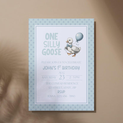 One Silly Goose Birthday Invitation 1st Birthday Party Invite Template Editable Blue Goose Invite Canva Digital Download Printable Invite
