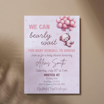 We Can Bearly Wait Baby Shower Invite Girl Pink Baby Shower Invite Template  Editable Canva Baby Invite Instant Download Printable Invite