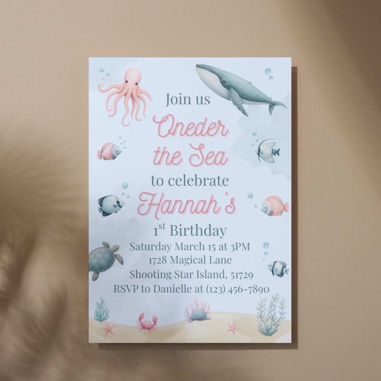 Oneder the Sea Birthday Invitation Ocean Birthday Party Invitation  Printable Ocean Animals 1st Birthday Invite Editable Template