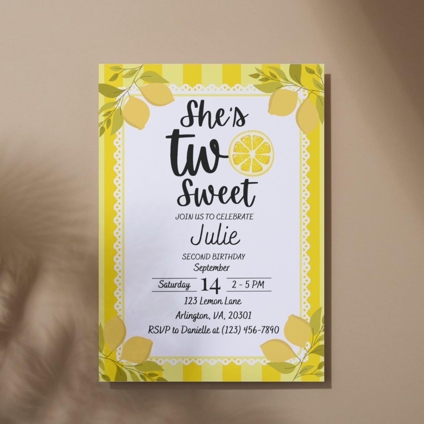 Two Sweet Lemon Birthday Invitation 2nd Birthday Party Invite for Girl Editable Citrus Theme Template Instant Download Lemonade Party