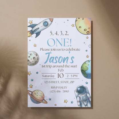 First Trip Around the Sun Birthday Invitation 1st Birthday Space Party Invite Editable Outer Space Template Instant Download Canva Template