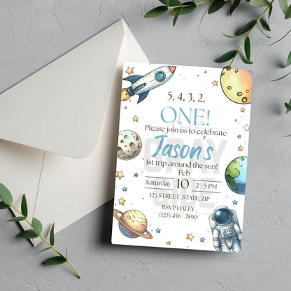 First Trip Around the Sun Birthday Invitation 1st Birthday Space Party Invite Editable Outer Space Template Instant Download Canva Template