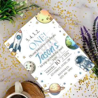 First Trip Around the Sun Birthday Invitation 1st Birthday Space Party Invite Editable Outer Space Template Instant Download Canva Template