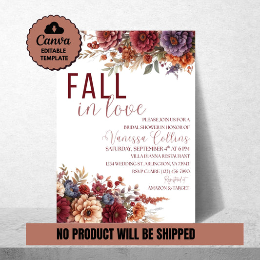 Fall in Love Bridal Shower Invitation Fall Pumpkin Bridal Shower Invite Editable Bridal Shower Invite Fall Bridal Shower Printable Invite